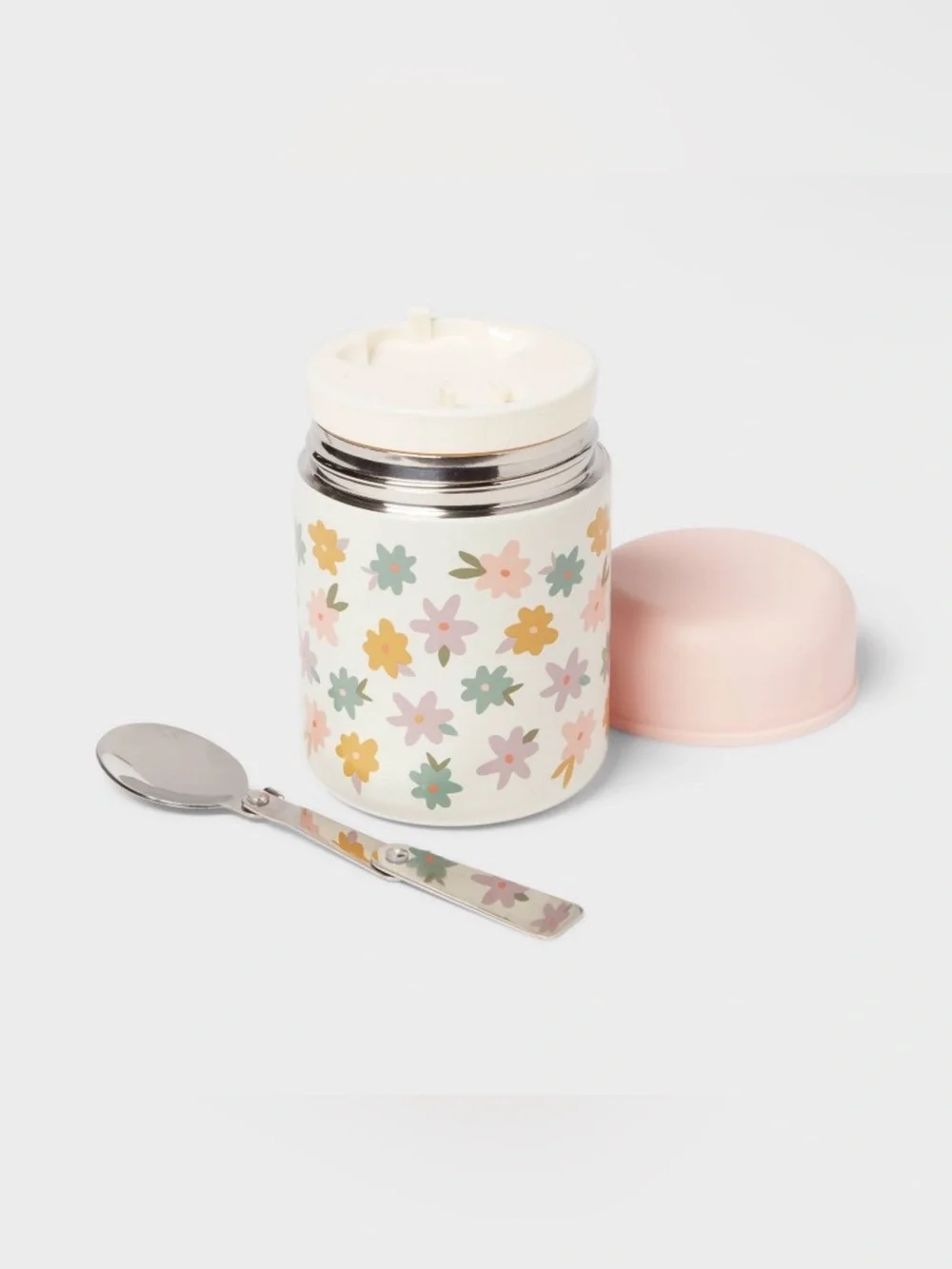 New Kids' 10oz Flowers Double Wall Vacuum Stainless Steel Food Jar w/ Spoon